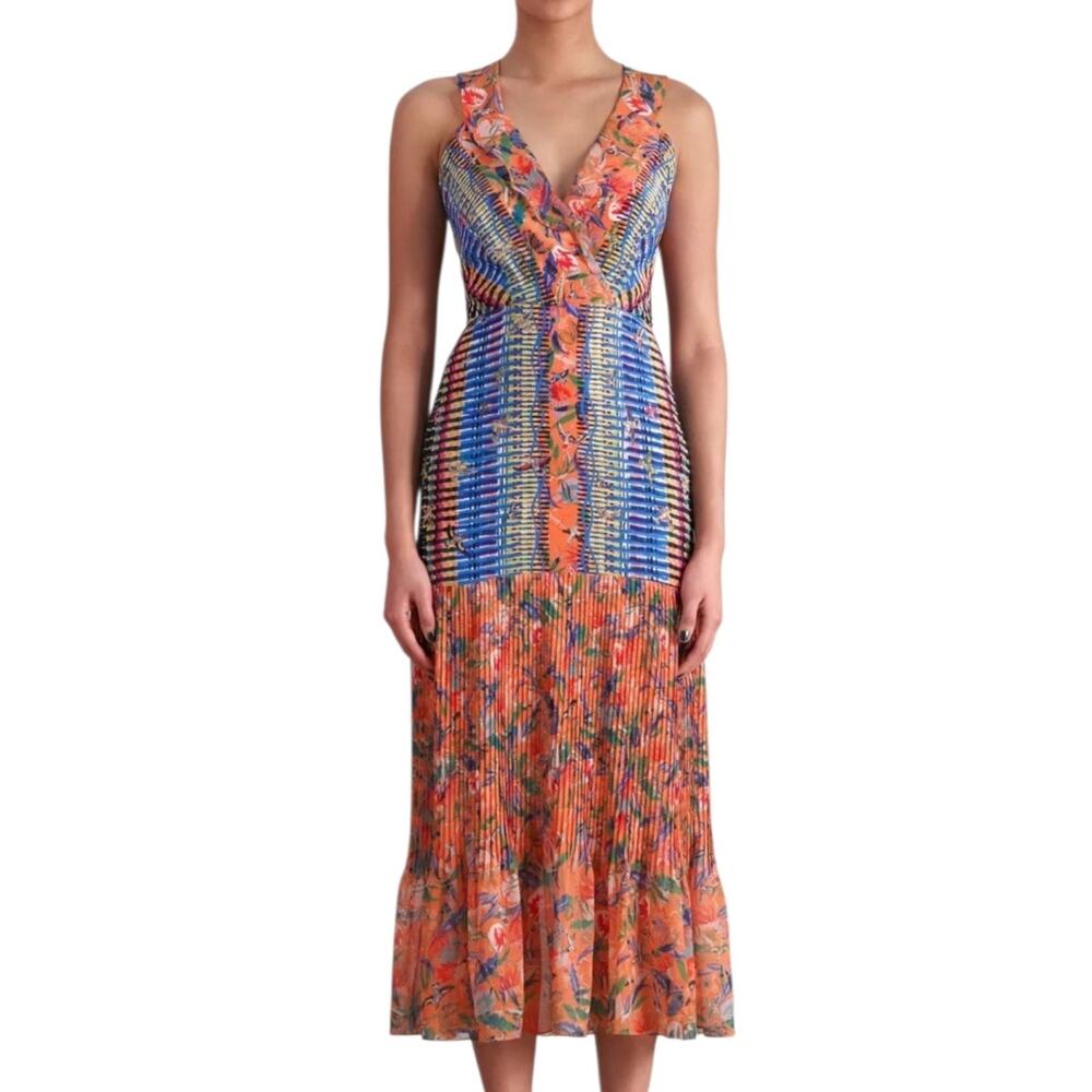Saloni Silk Mixed Print Pleated Maxi Dress Sleeveless Faux Wrap Floral US 10